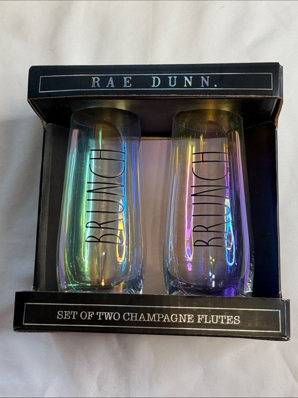 Rae Dunn Iridescent Rainbow 'BRUNCH' Champagne Flutes - Set of 2